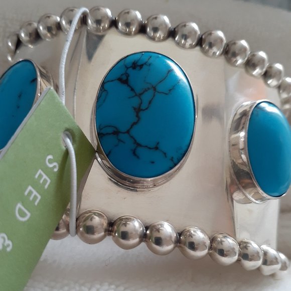 SEED & SAGE STERLING/ TURQUOISE CUFF BANGLE BRACELET - Picture 1 of 4